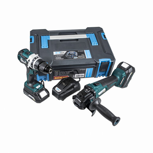 Aku set bezuhlíkového nářadí XTline XT102630, 18V, 6ks, vrtačka, bruska, baterie, nabíječka, kufr